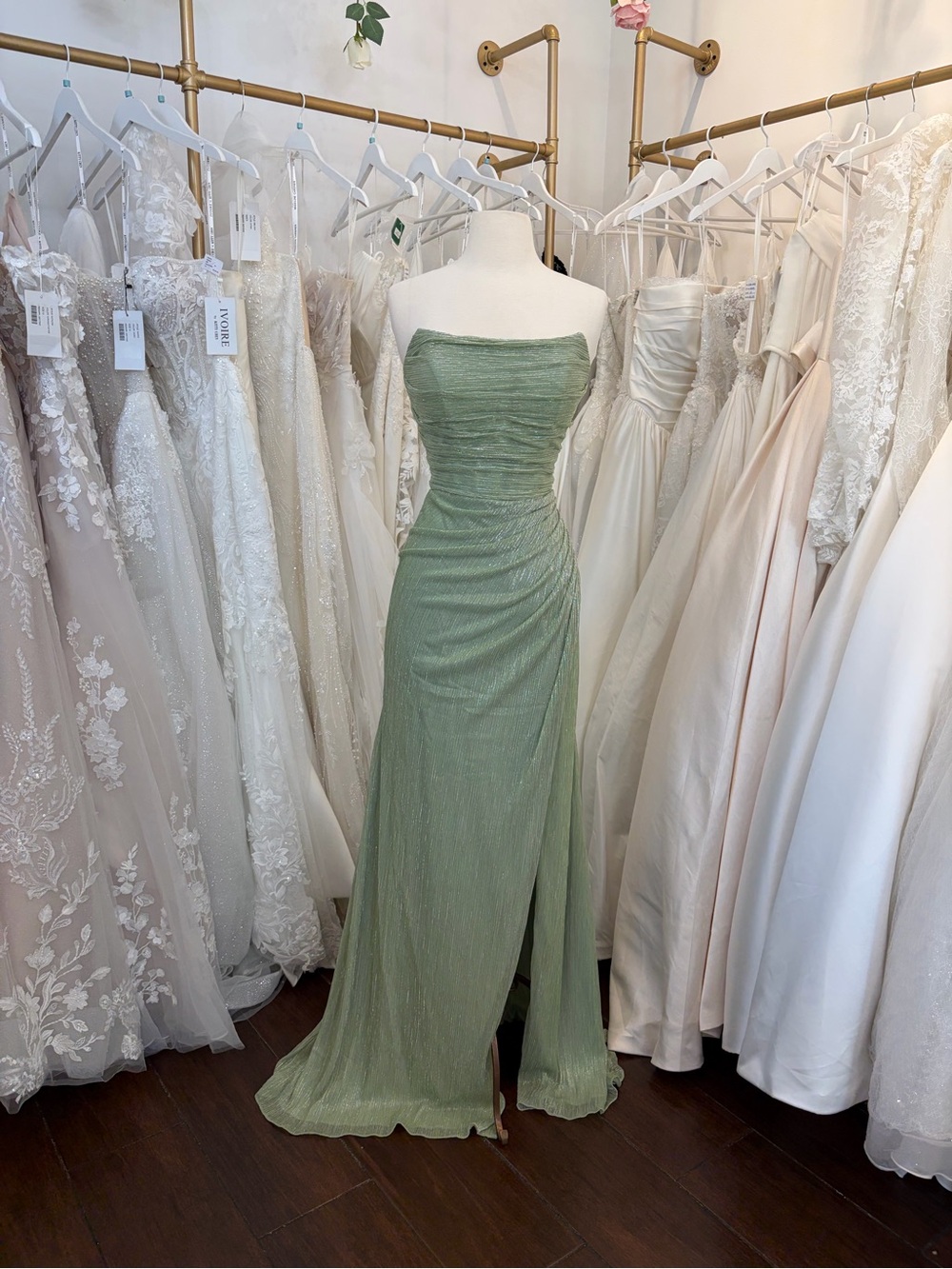 Mori Lee Strapless Sage Green Ruched Evening Gown